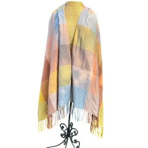 Oversized Plaid Blanket Scarf Wrap Shawl‎ Fringed Yellow Peach Grey